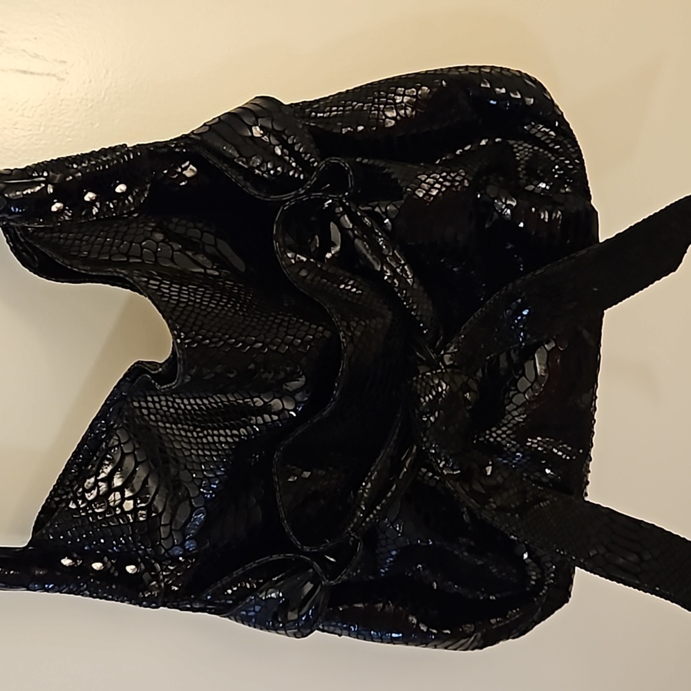 Perlina Large Black Leather Python Snakeskin Bow … - image 5
